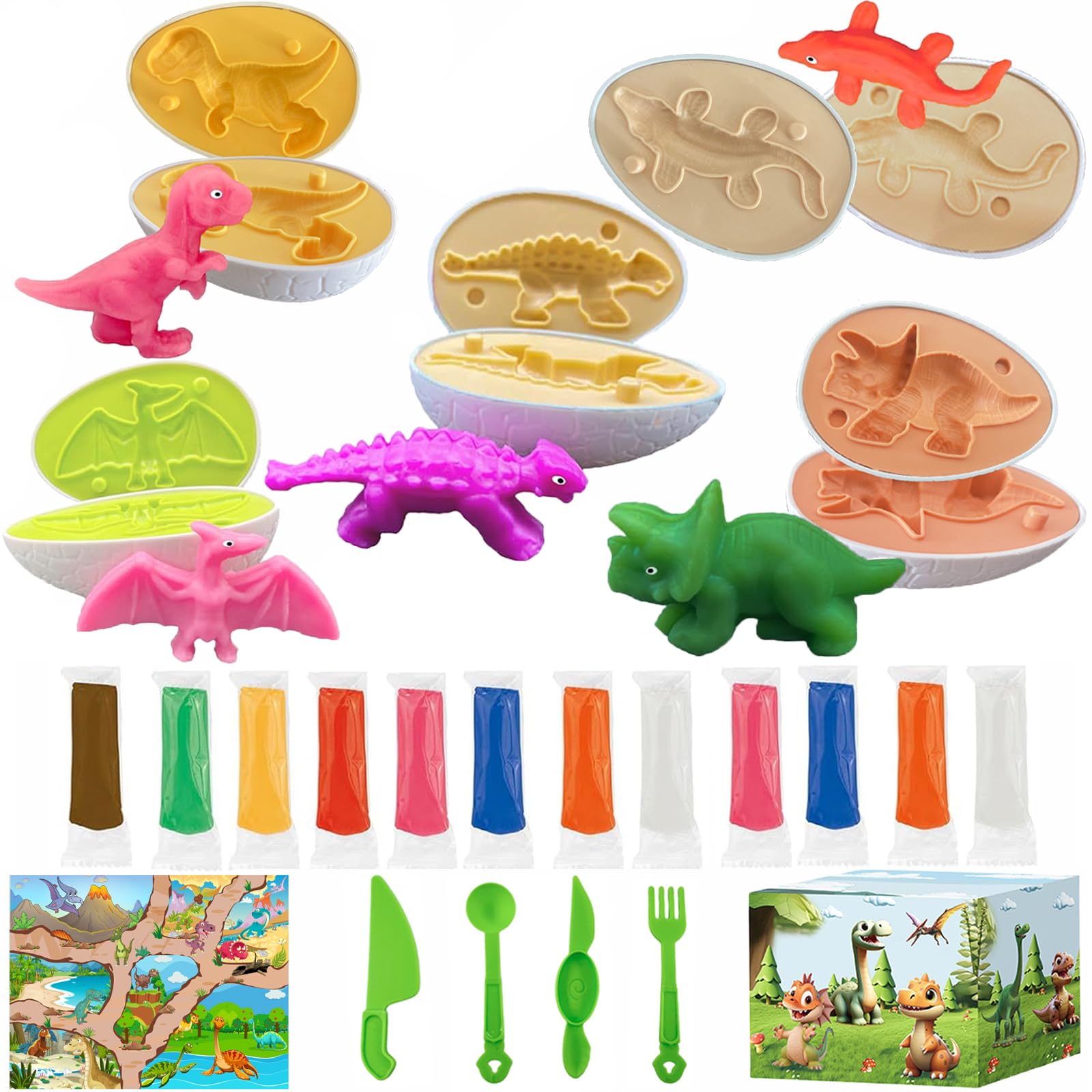 Iceacrin Playdough Dinosaur Eggs Sets, Easter Basket Stuffers for Toddler, Playdough Sets for Kids Ages 4-8, Easter Dino playdoh Dinosaur Play Dough Eggs Molds Toys Gifts