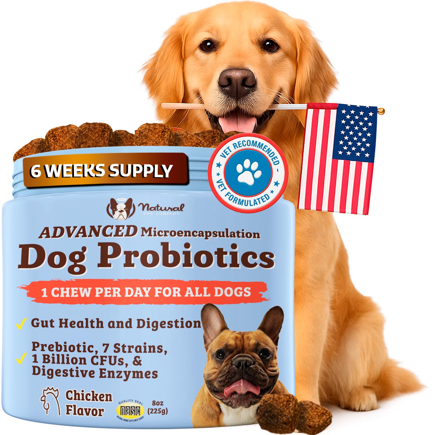 Natural Dog Company Probiotic Chews (90 Bites), Chicken Flavor, Helps with Digestion, Supports Immune System, Probiotics Supplement for Dogs of All Ages, Sizes & Breeds.