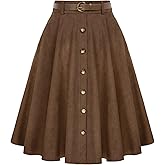Belle Poque Women's Knee Length Corduroy Skirt Vintage Stretch High Waist A-Line Midi Skirt with Pockets & Belts