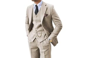 Retro 3 Piece Suit Tweed Herringbone Men's Suits Slim Fit Groom Tuxedos Set Prom Brown Grey Jacket Blazer Vest Pants, Beige, 