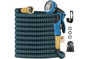 QXIAOFEI 100 ft Expandable Garden Hose - Kink Free Flexible Water Hose 100ft with 10 Pattern Spray Nozzle, 3/4 Solid Brass Connectors, Retractable Latex Core - Lightweight Expanding Hose