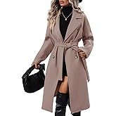 SAUKOLE Women's Trendy Lapel Collar Double Breasted Wool Blend Coats Winter Pea Overcoat Pocketed Outwear with Belt