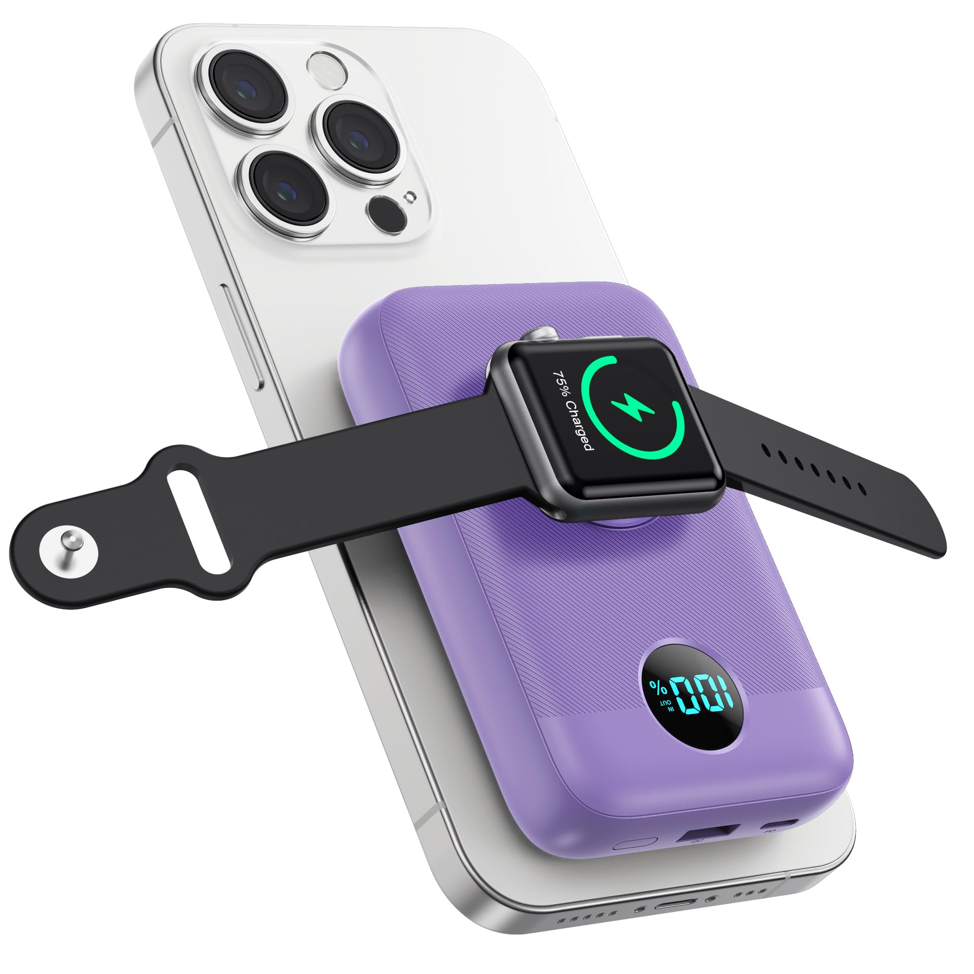 Magnetic Portable Charger 10800mAh,4-in-1 Wireless Power Bank with iWatch Charger, QC4.0+20W PD Fast Charging USB C Battery Pack with LCD Display for Magsafe,iPhone 16/15/14/13/12,Apple Watch, Purple