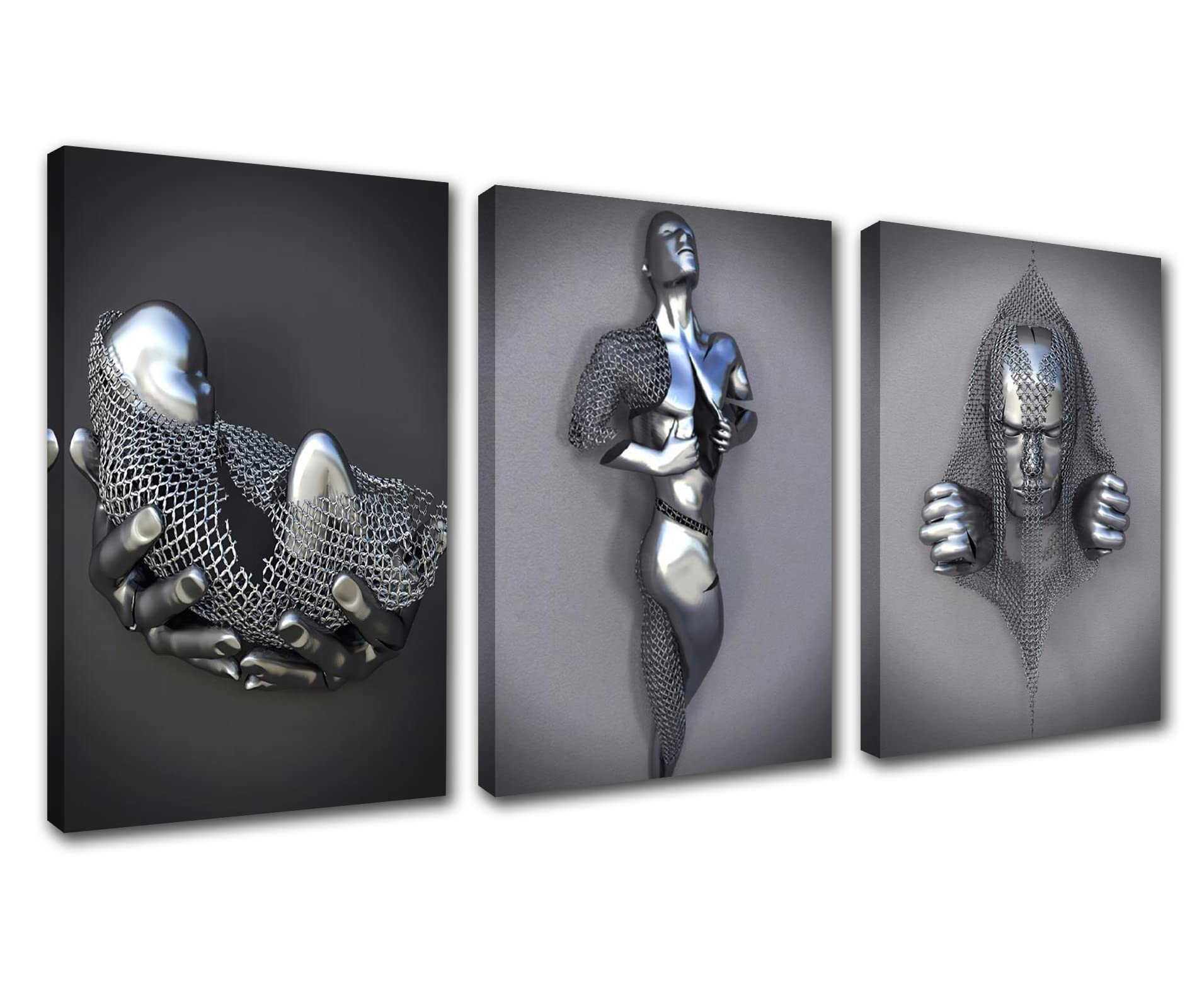 Silver Canvas Wall Decor Modern Metal Figure Pictures 3 Pieces Hold Hands Artwork Abstract Romantic Couple Hugging Home Decor for Living Room Wooden Framed Gallery-wrapped Ready to Hang 42''Wx20''H — image 1