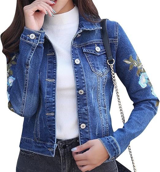 Femme ??l?�gant Broderie Veste en Jean Manteau Denim Blouson Manches Longues comme Image XL 