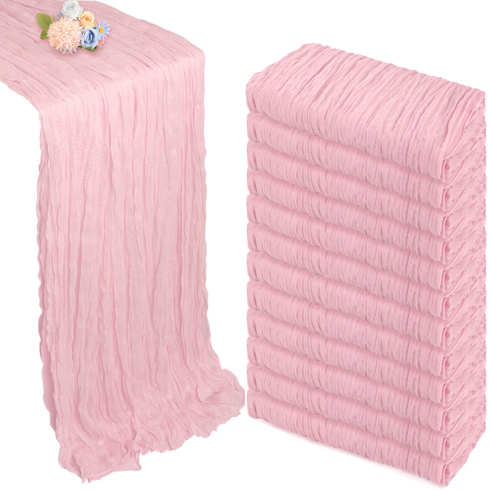 Photo 1 of 12 Pack Pink Cheesecloth Table Runner 10ft Boho Gauze Fabric Cheese Cloth Table Runner 35 x 120 Inch Rustic Sheer Runner for Romantic Wedding Decor Baby Shower Party Table Centerpiece Decoration