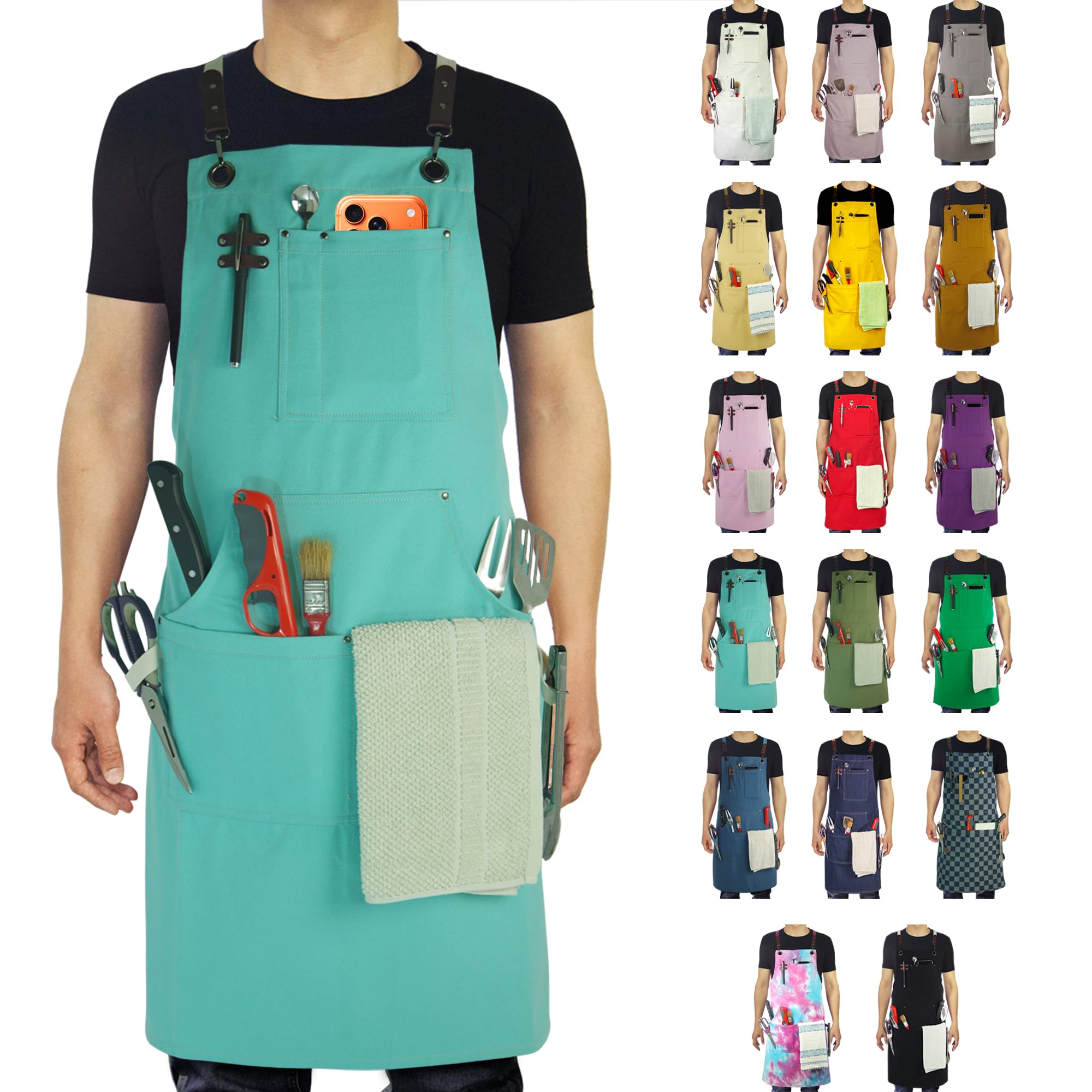 Stenffy Kitchen Apron, Work Apron, Canvas, Multiple Pockets, Gardening, Painting, BBQ, Carpenter, Artist, Sizes M to XXL, Ice Blue