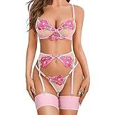 Kaei&Shi Floral Embroidered Garter Belt Set,Sheer Lingerie Sets for Women Sexy,Wedding Night Valentines Boudoir Outfits