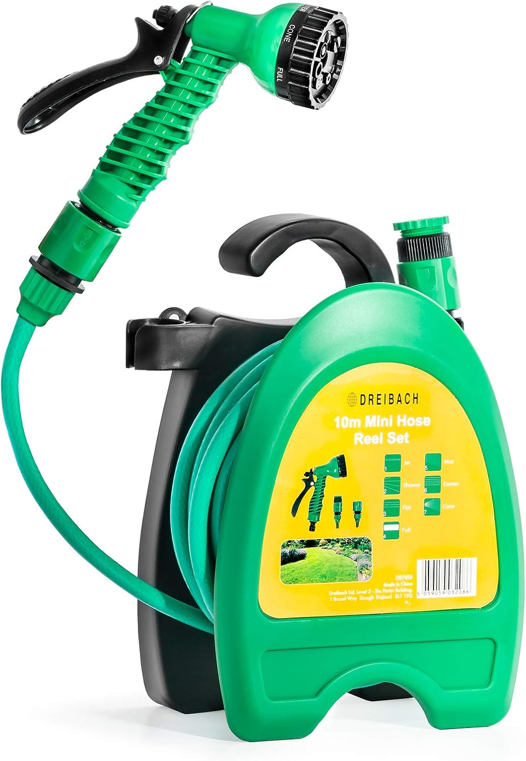 GloBrite Mini Hose Reel with 10m / 32ft Garden Hose Pipe Spray Gun & Adjustable Nozzle, Wall Mountable