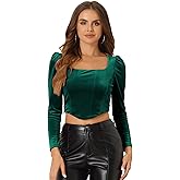 Allegra K Long Sleeve Corset Tops for Women's Slim Fit Square Neck Cropped Blouse Party Velvet Top