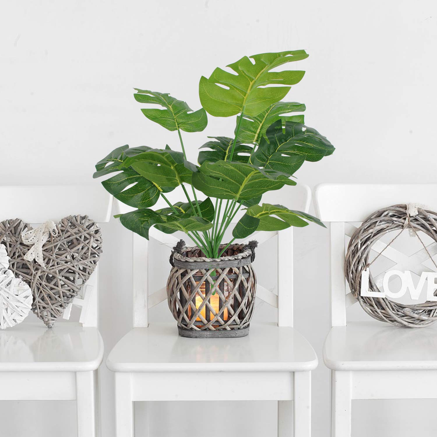 CLONG Artificial Plant Monstera Faux Shrubs Plastic Fake Flowers Filler Bushes UV Resistant Indoor Outside Window Box Greenery Home Garden Green Verandah Office Bonsai Wedding Decor - 1pcs