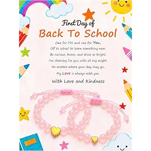 Back to School Mommy and Me Matching Bracelets for First Day of School Gift | Gift-Ready Pink Bead Heart Bracelets for Mother