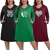 FEREMO 3 Pack Plus Size Nightgowns for Women V Neck Nightshirts Long Sleeve Printed Sleepwear Soft Loungewear