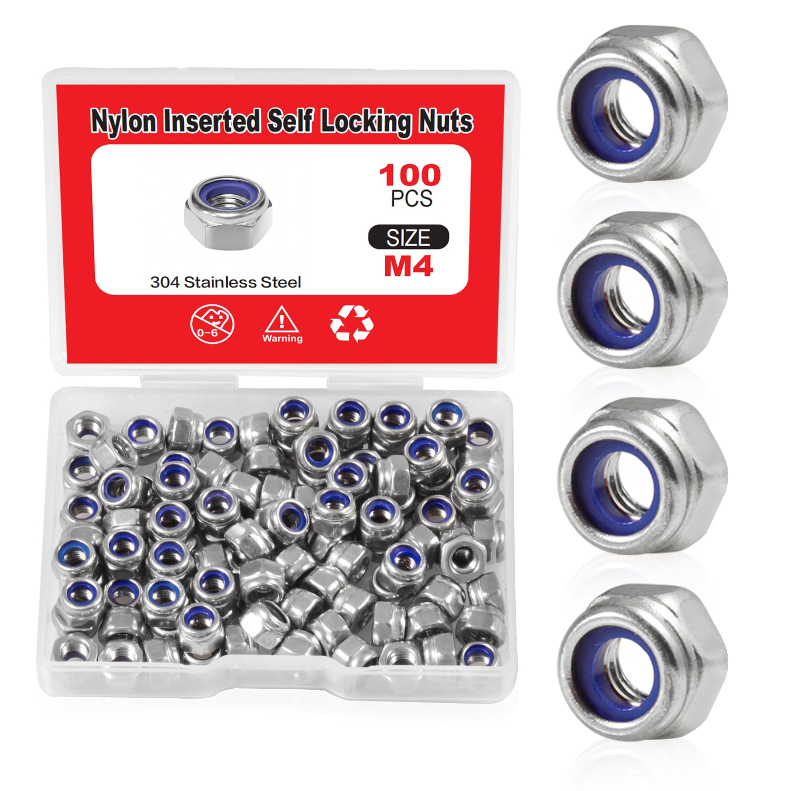 SPEEDWOX 100 PCS M4 x 0.7mm Nylon Insert Nuts Locknuts, Self-locking Nut 304 Stainless Steel, Hexagon Lock Nut with Storage Box for Lock Washers