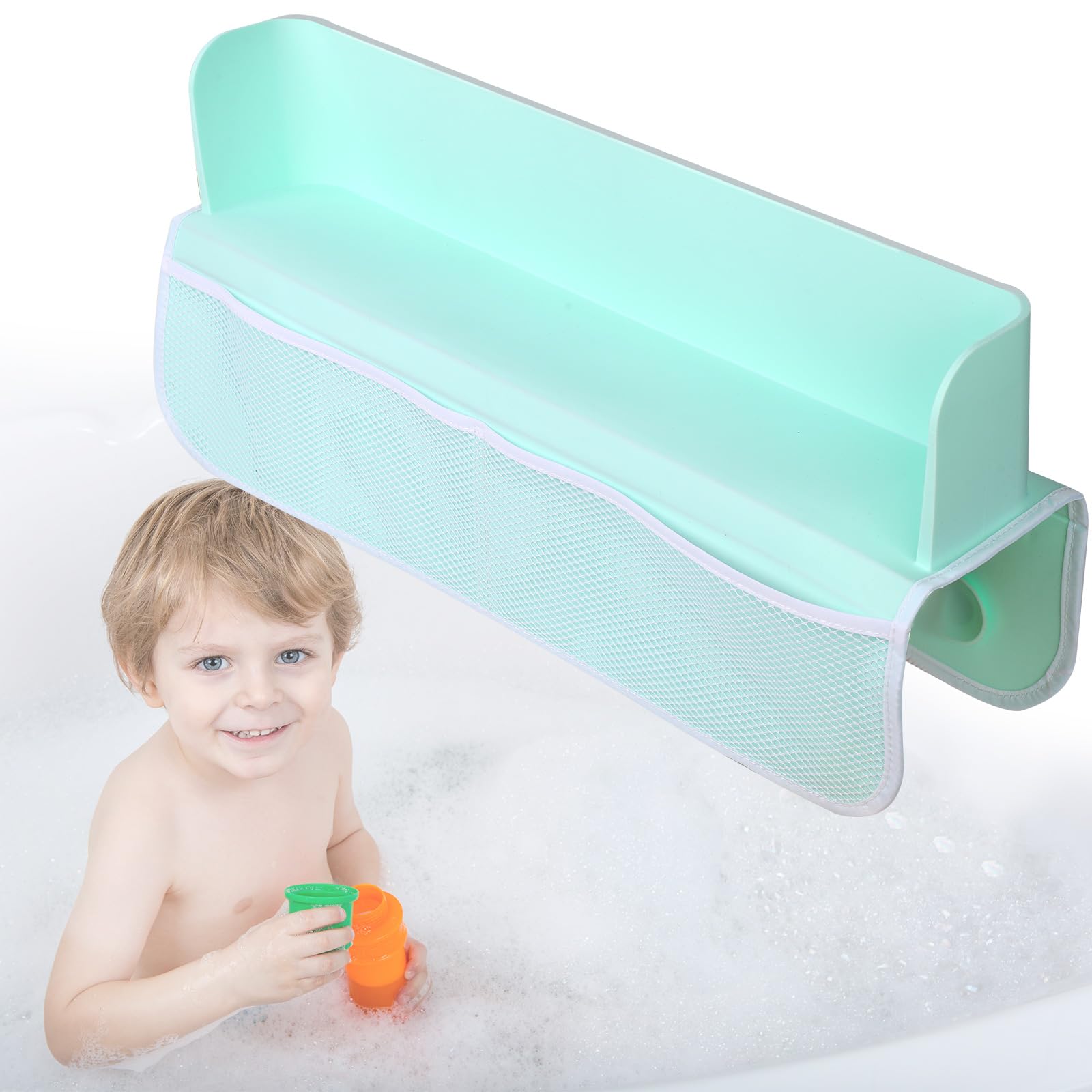 lasuroa Bathtub Splash Guard for Tub Kids, with Mesh Storage Bag Organizer Bathtub Toy Shelf Splash Guard Suction Cups Attach to Bath Tub Bath Tub Splash Shield for Toddlers