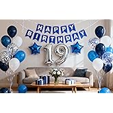 19th Birthday Party Decoration for Boys, Happy Birthday Banner Blue Number 19 Birthday Balloons 19th Birthday Latex Confetti Balloon for Boys Him Son 19 Years Old Birthday Decoration Supplies(19th)