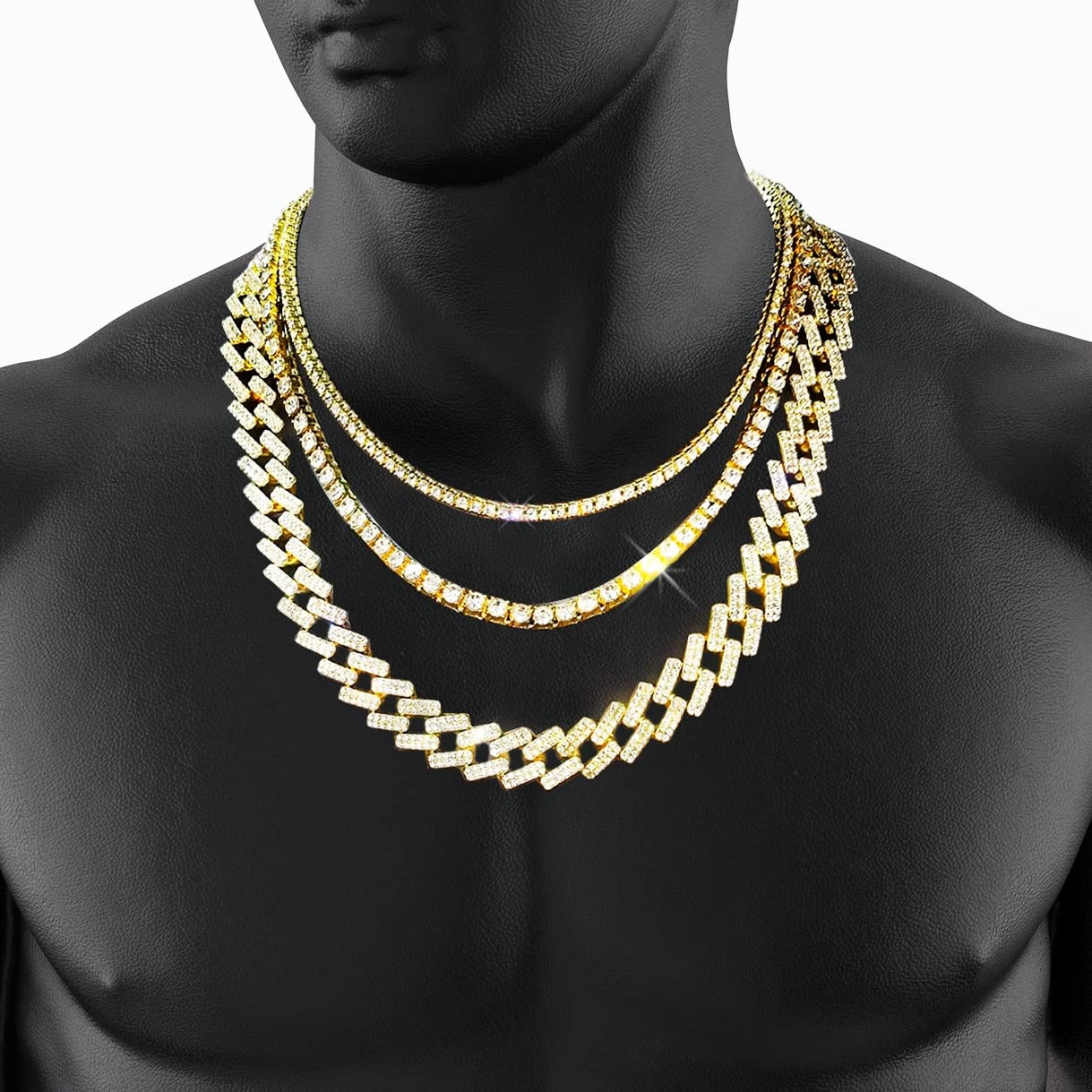 HH BLING EMPIRE Gold Silver Chain Necklace for Men Women Iced Out Diamond Tennis and Cuban Link Chain Necklaces Hip Hop Jewelry Sets 3Pc 18/20/24 Inch