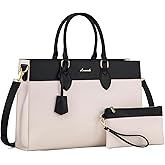 LOVEVOOK Laptop Bag for Women, 15.6 inch Laptop Tote Work Bag Purse, Large Waterproof Leather Computer Briefcase for Office, Beige-Black