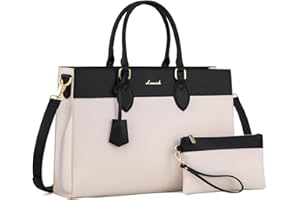 LOVEVOOK Laptop Bag for Women, 15.6 inch Laptop Tote Work Bag Purse, Large Waterproof Leather Computer Briefcase for Office, Beige-Black