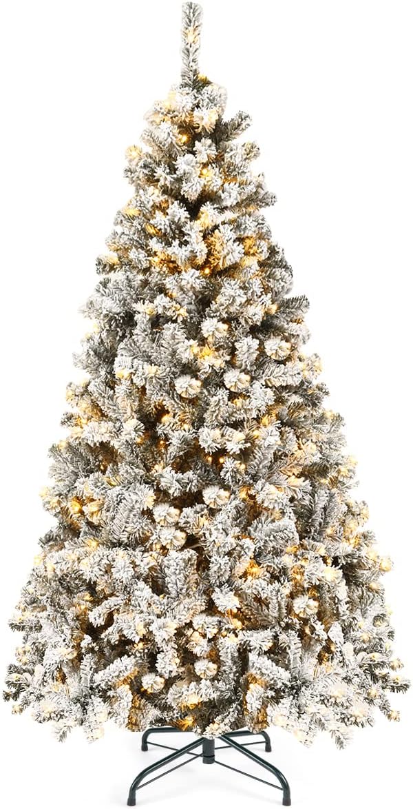 Trees - Goplus 6ft Pre-Lit Artificial Christmas Tree, Premium PVC Snow Flocked Hinged Pine Tree with Metal Stand and LED Lights, Perfect Xmas Decoration for Indoor and Outdoor