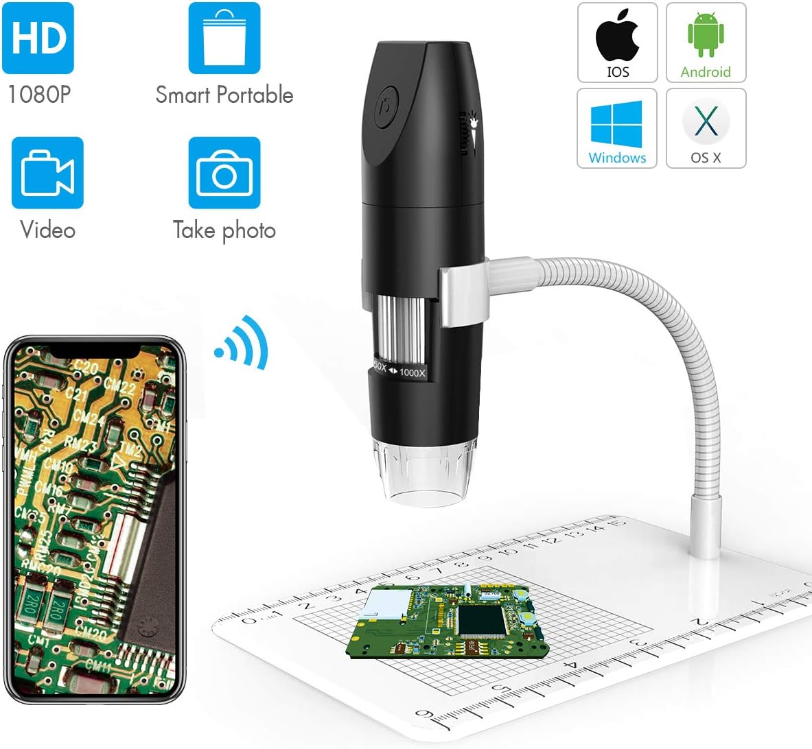 WiFi Digital USB Microscope, Bysameyee 50X to 1000X Wireless Magnification Endoscope Camera with 8 LED, Compatible with iPhone Android Phone Windows Mac