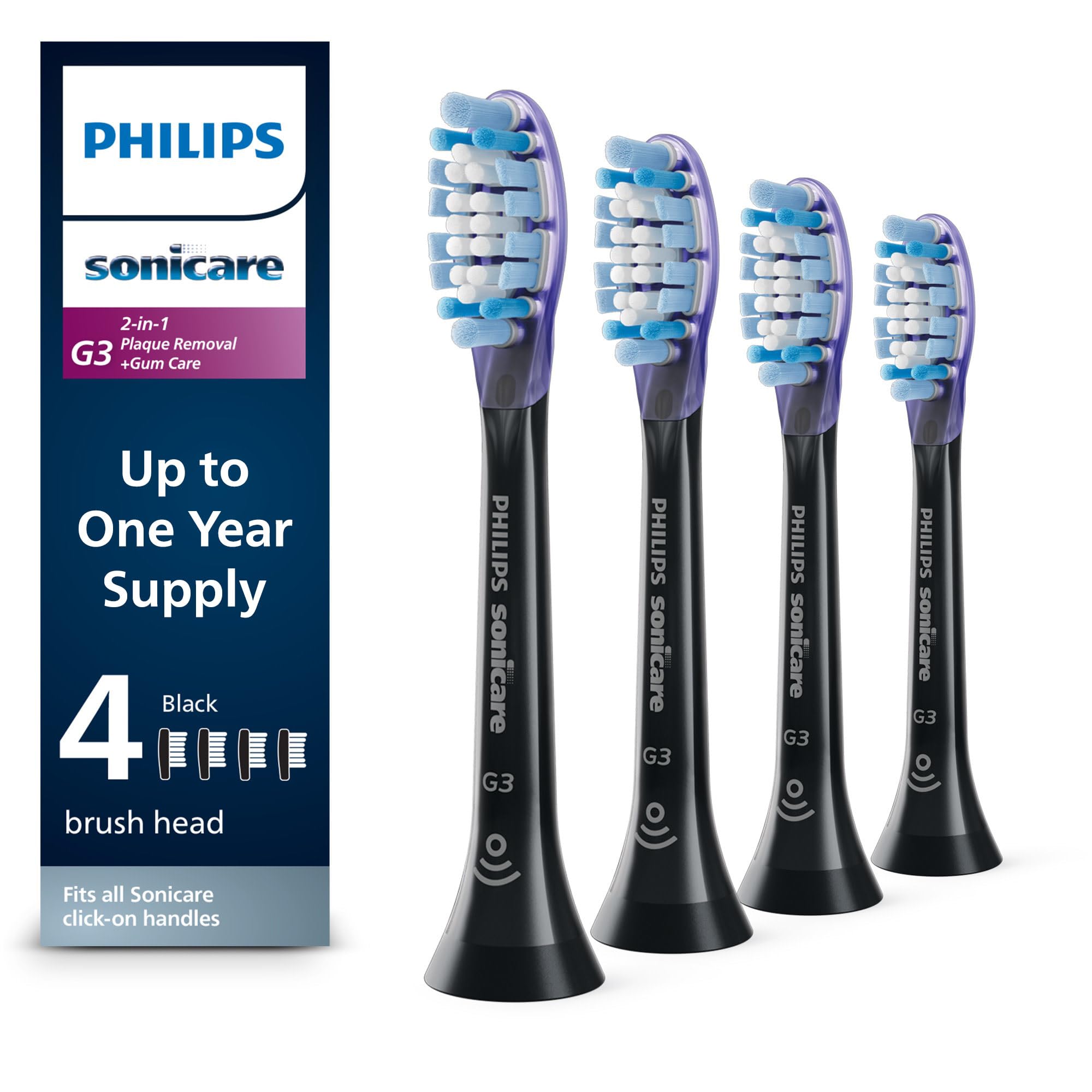 SONICARE Philips Genuine G3 Premium Gum Care Replacement Toothbrush Heads, 4 Brush Heads, Black, HX9054/95