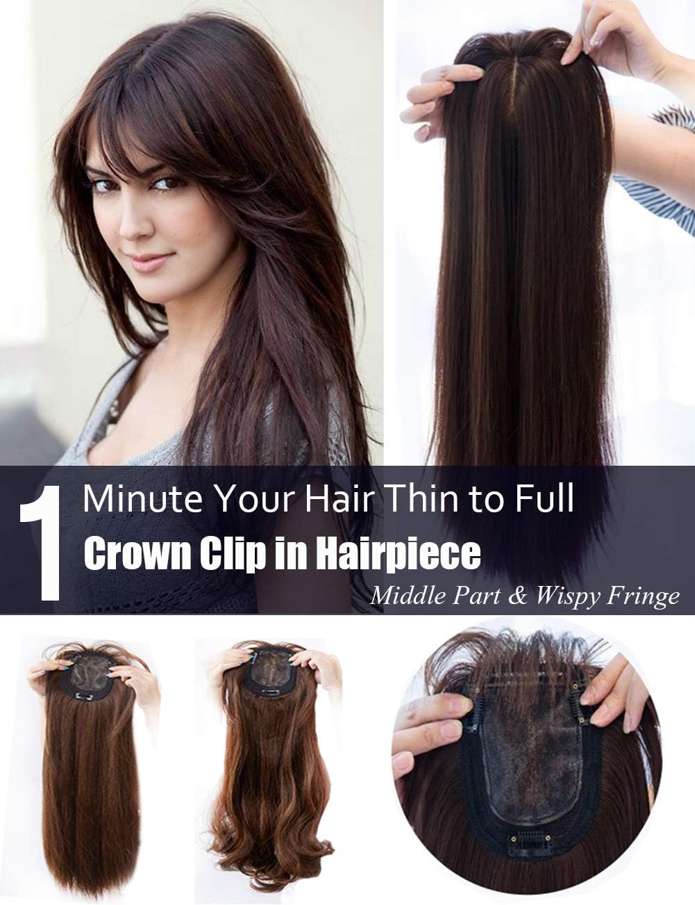 Super Long Nature Ponytail Hairpiece Clip in Seamless Topper with 3D Fringe for Women Covering Thin Hair Straight Chocolate