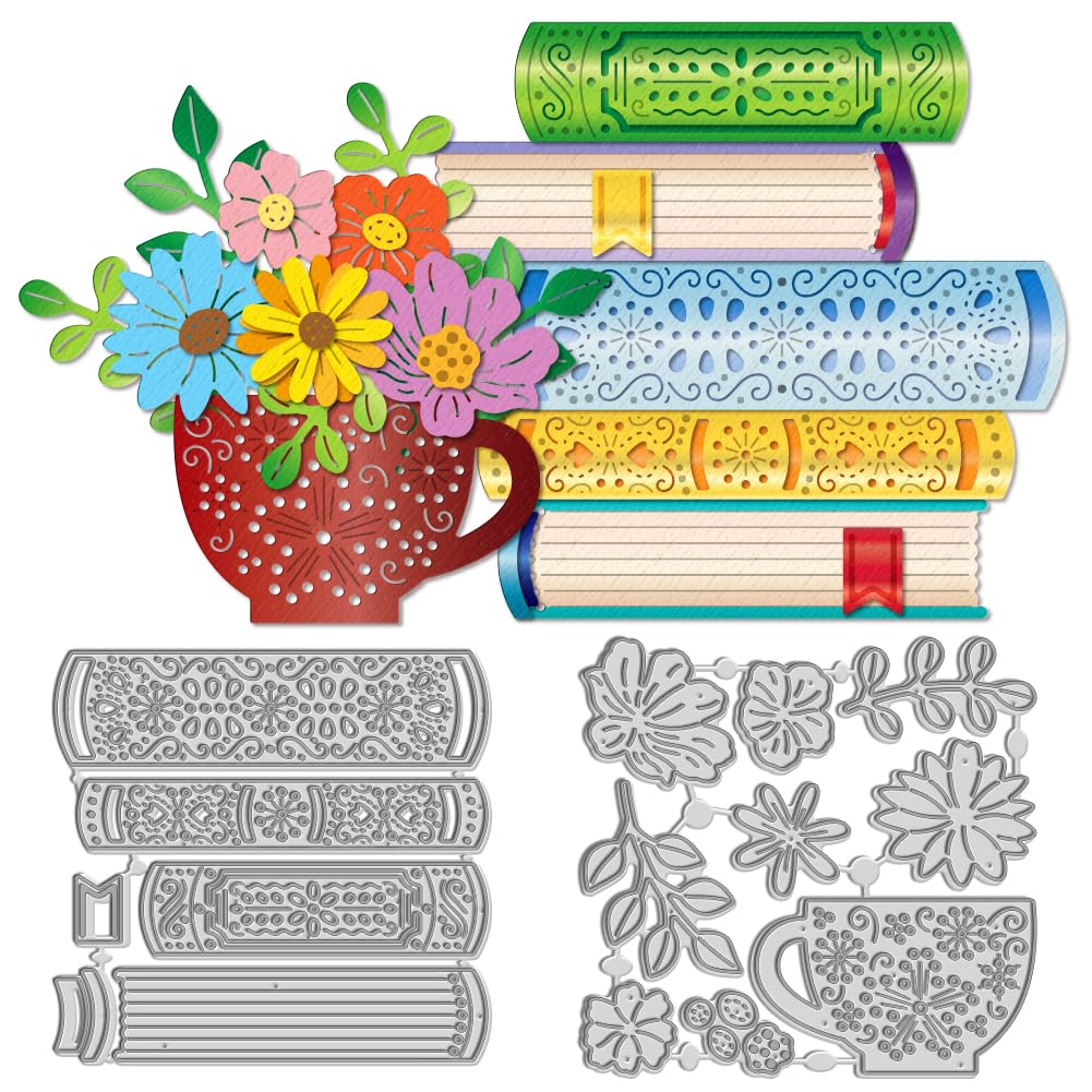 WADORN 2Pcs Flowers Cup and Book Die Cuts for Card Making, Tea Cup Flower Metal Cutting Dies Stencils Stitched Book Scrapbooking Decorative Embossing Stencil for Photo Album Card Journal Craft Decor