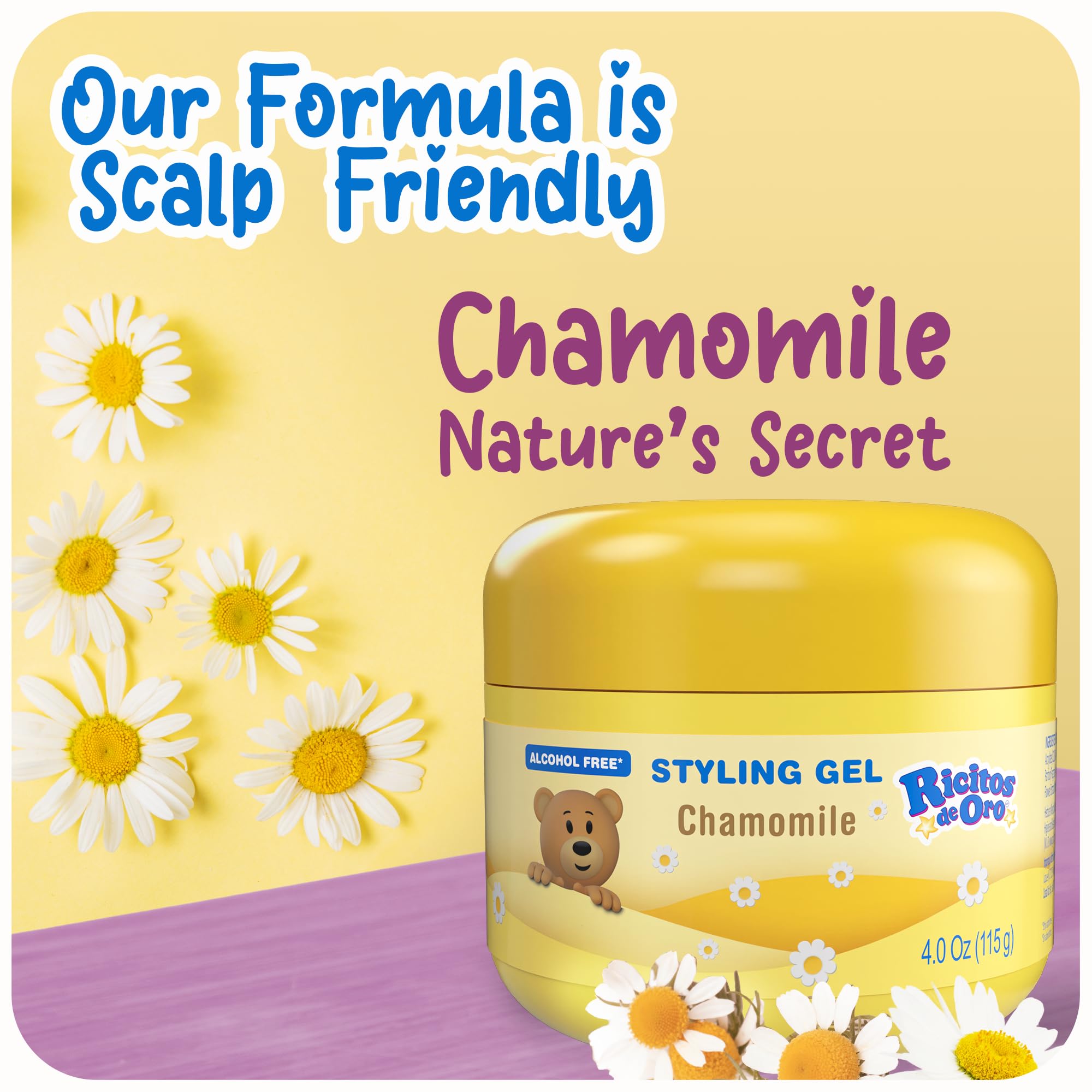 Ricitos de Oro Chamomile Hair Gel -Preserves Natural Color, Non-Greasy, Alcohol Free, Hypoallergenic, Tear-Free, Gentle Daily Use - Baby, Kids Hair Gel, Toddler - 4.05 Oz, 3-Pack