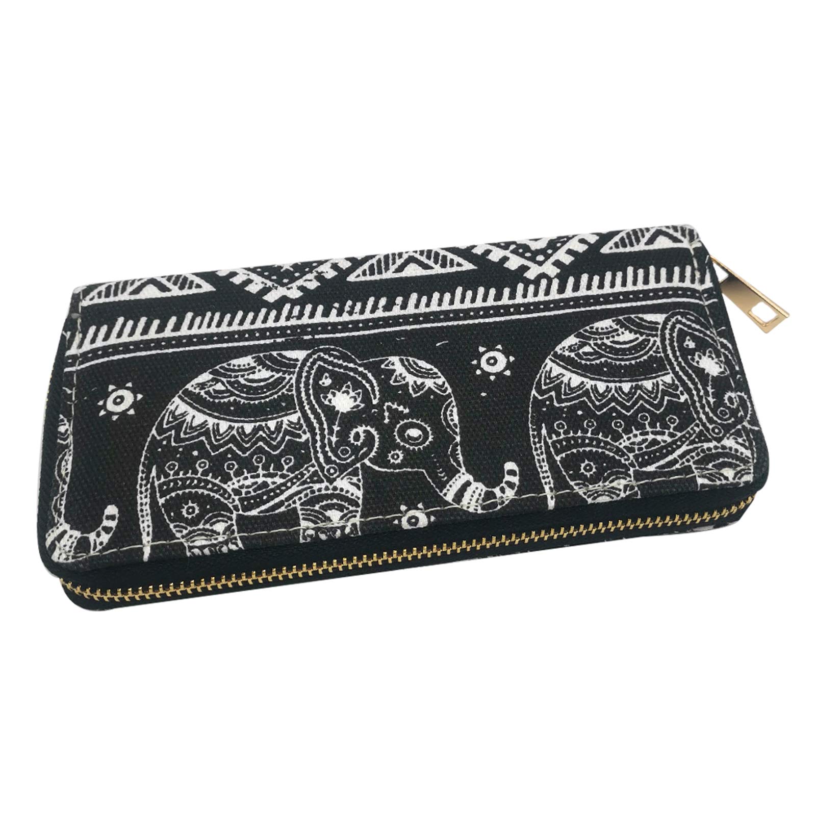 EQLEF Elephant Wallet, Bohemian Purse Clutch Wallets Canvas Coin Purse with Zipper Large Elephant Purse Multi-Compartment Wallet for Cash Coins Card Cellphone (20 * 10 * 3cm)