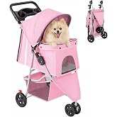 DUMOS 3 Wheels Pet Stroller for Small Dogs and Cats | Foldable Dog Stroller with Mesh Windows, Storage Basket &amp; Cup Holder, Lightweight &amp; Durable Pet Carrier for Travel, Pink