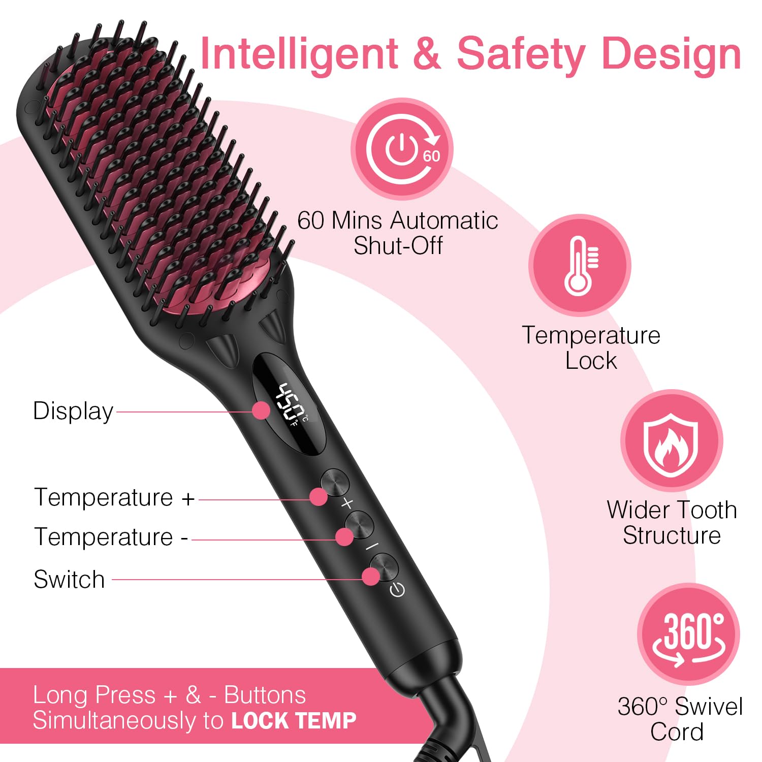 Enhanced Ceramic Hair Straightener Brush by MiroPure, 2-in-1 Ionic Straightening Brush with Anti-Scald Feature, Auto Temperature Lock & Auto-Off Function (Black)