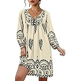 Eddoyee Women Casual Summer Dress, V Neck 3/4 Sleeve Boho Floral Print Flowy Loose Beach Vacation Dress