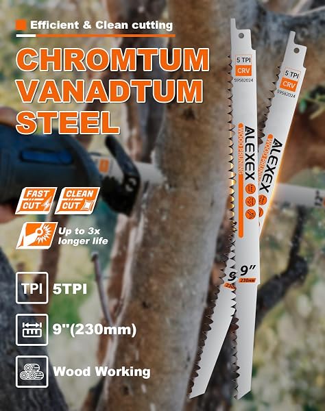 8 PACK 12 INCH 5 TPI WOOD PRUNING RECIPROCATING SAW BLADES FOR TREE TRIMMING AND WET WOOD CUTTING, CR-V SAWZALL BLADES WITH FLEAM-GROUND TEETH FOR LONGER LIFE AND FASTER CUTTING SPEED, 1 X HANDLE