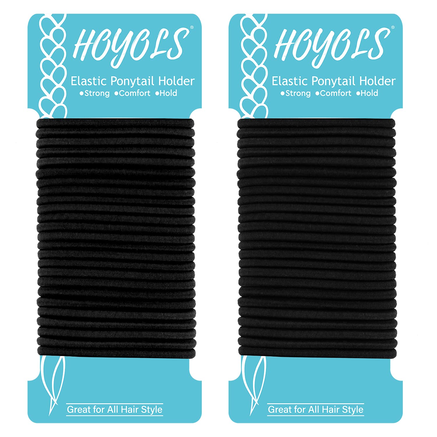 HOYOLS Black Hair Elastics Ties, No Metal Ponytail Holders Bands Elastic Braided Thick for Women Girl Thick Fine Curly Hair 50 Count