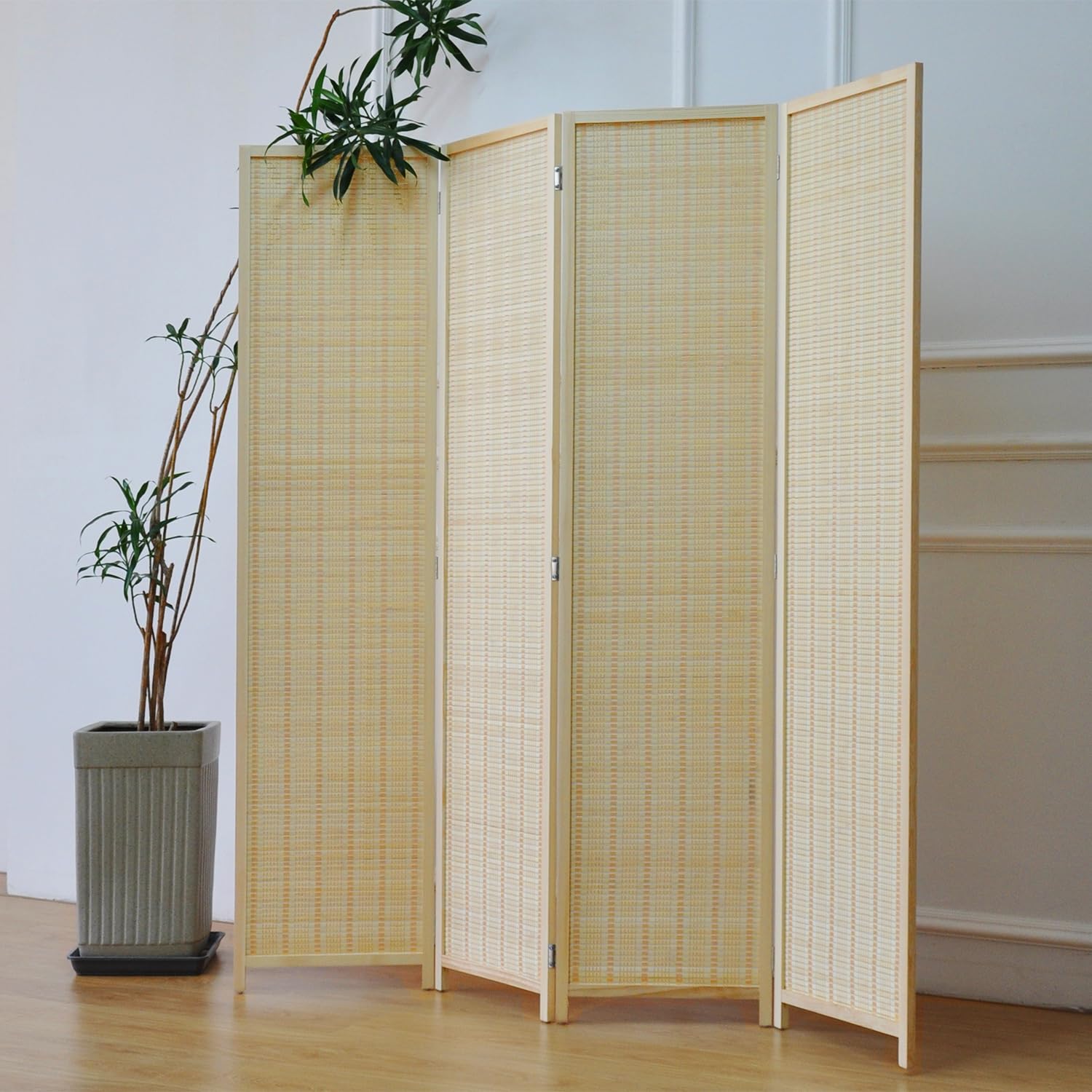 Furnnylane 4 Panel Bamboo Room Divider and Folding Panel Screen,Bamboo Panel Divider for Room Separation,Beige,67" H x 61.4" W