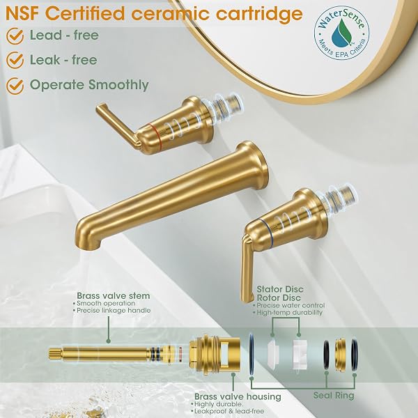 SOEBIZ WALL MOUNT BATHROOM FAUCET, WIDESPREAD 3 HOLES BRASS VESSEL FAUCETS FOR BATHROOM, TWO HANDLES BRUSHED GOLD WALL MOUNTED SINK FAUCETS SZ9905BG