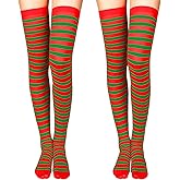 SATINIOR 2 Pairs Mardi Gras Women Thigh High Socks Mardi Gras Striped Long Stockings Women over Knee High Socks Gifts (Green,Red)