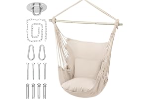 MoNiBloom Hammock Chair Hanging Rope Swing w/2 Cushions, Boho Macrame Hanging Chair Max 350 lbs Capacity w/Side Pocket for Adults Indoor/Outdoor, Living Room Bedroom Comfy Reading Swinging Chair