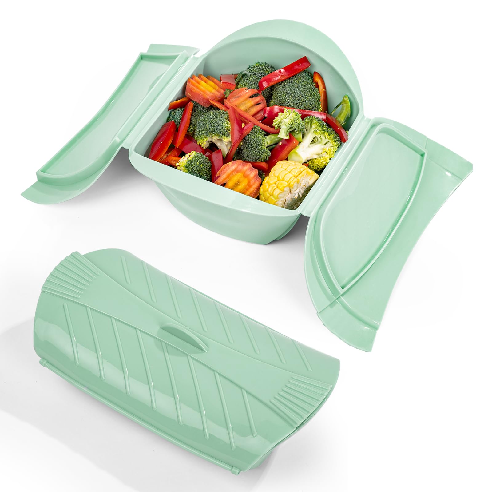 Photo 1 of Microwave Steamer, 2Pack Silicone Food Steamer for Cooking, Vegetable Pot with Lids for Vegetables Fish Prep Meal Food, 1.5QT & 0.75QT Cookware, Microwave & Freezer Safe, Green