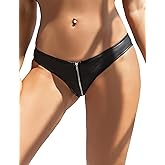 comeondear Women Faux Leather Zipper Panties Plus Size Mesh Back Bikini Underwear Black Low Rise Thong G-string Lady Tanga