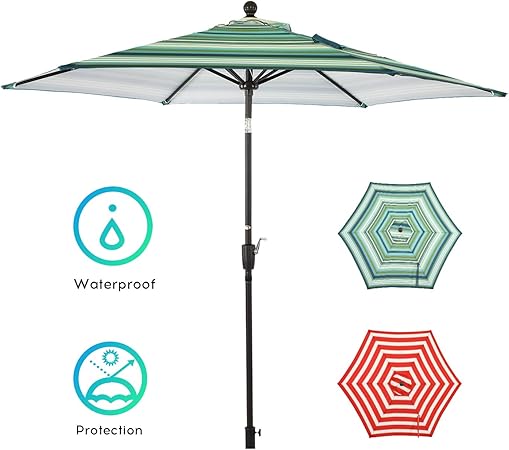 Amazon Com Lch 9ft Patio Umbrella Outdoor Table Umbrella With Push Button Tilt Crank 8 Sturdy Ribs Stripe And Green Garden Outdoor