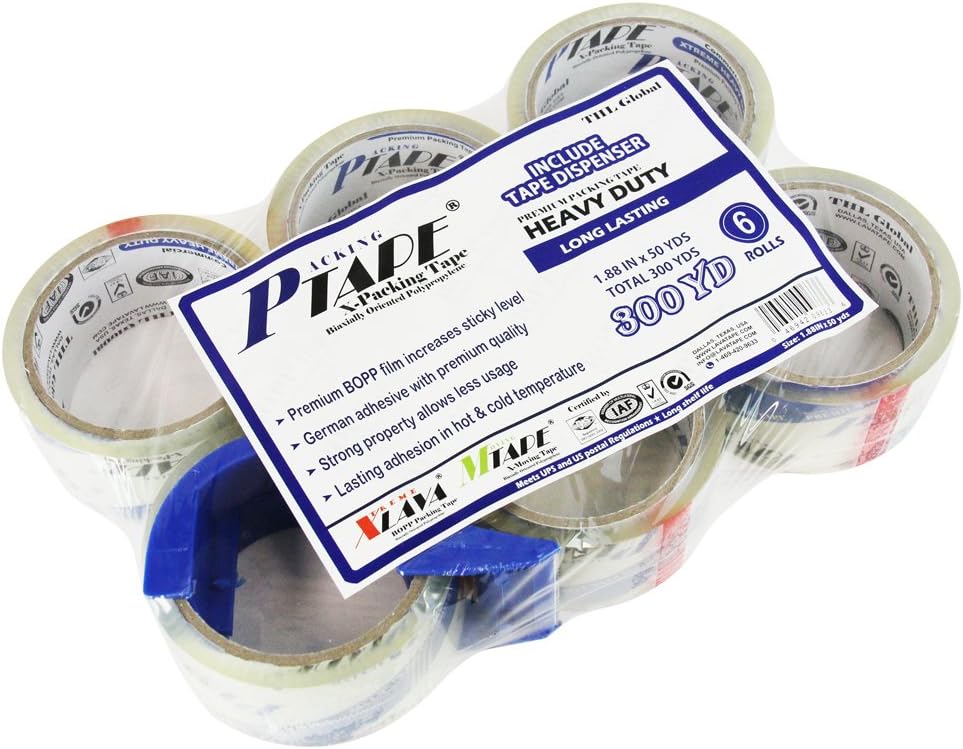 Box Packing Tape, 6 Rolls of Commercial Grade [P Tape- CLEAR] Value Bundle with Tape Dispenser [1.9 Inches x 50 Yards]
