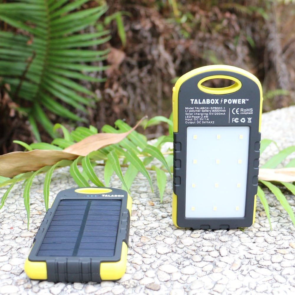 talabox 8000mAh WaterProof Solar Charger Dual USB Port portable charger with Outdoor Camping Lamp for iPhones,iPad, Android Cell Phones and Tablets,Camera.(Yellow)