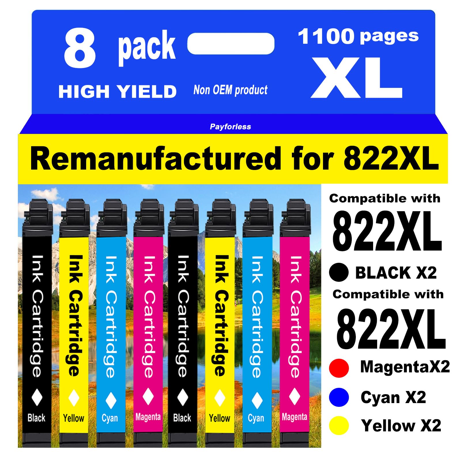 Photo 1 of PayForLess for 822XL Remanufactured for Epson 822XL Ink Cartridges for 822 XL T822 Workforce Pro WF-3820 WF-3823 WF-4820 WF-4830 WF-4833 WF-4834 Printer 2 Black 2 Cyan 2 Magenta 2 Yellow 8 Pack