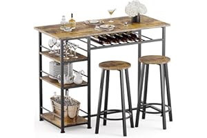 COMHOMA Dining Table Set for 2, Counter Height Kitchen Table and Chairs with Storage Shelves & Wine Rack, Bar Table Set with 2 Bar Stools, 3 Piece Dining Room Table Set for Small Space, Retro Brown