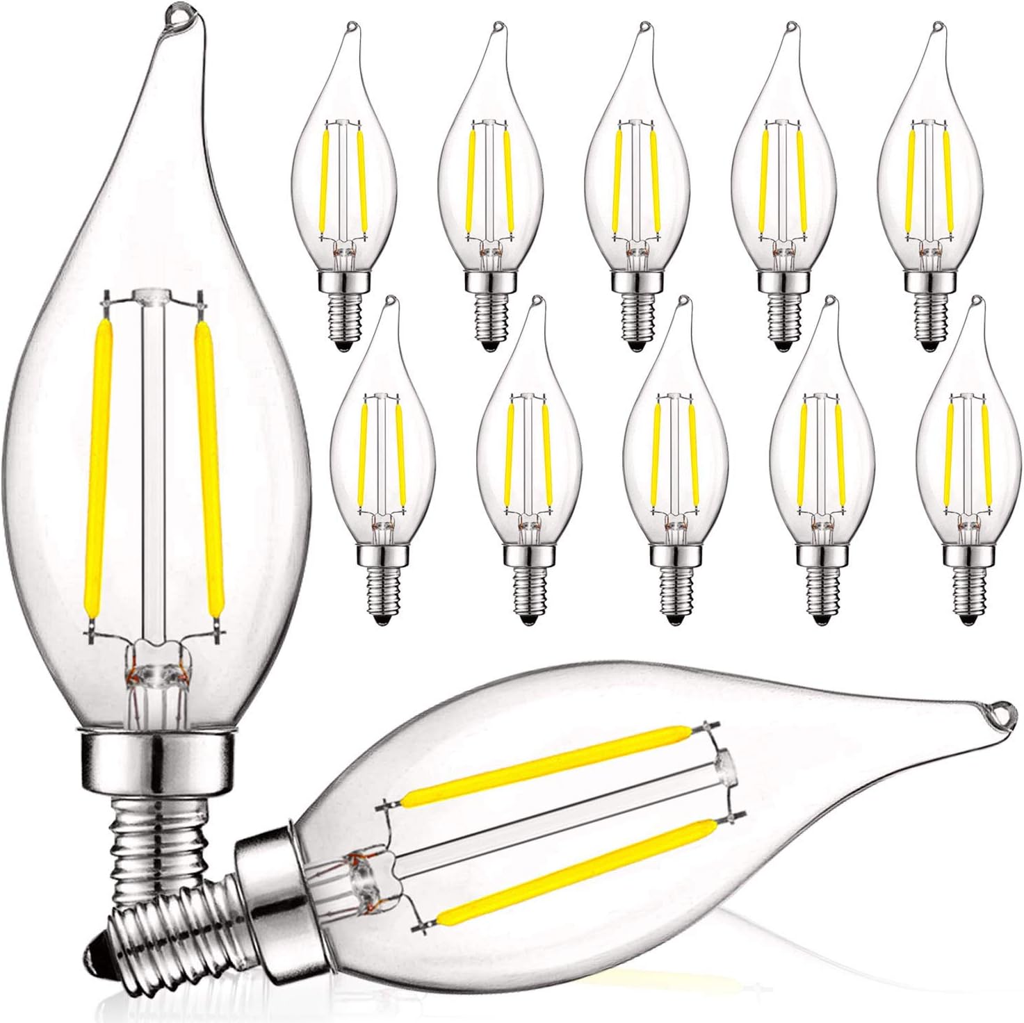 Luxrite 4W Vintage Candelabra LED Bulbs Dimmable, 400 Lumens, 5000K Bright White, LED Chandelier Light Bulbs 40W Equivalent, Flame Clear Glass, Filament LED Candle Bulb, UL Listed, E12 Base (12 Pack) - - 