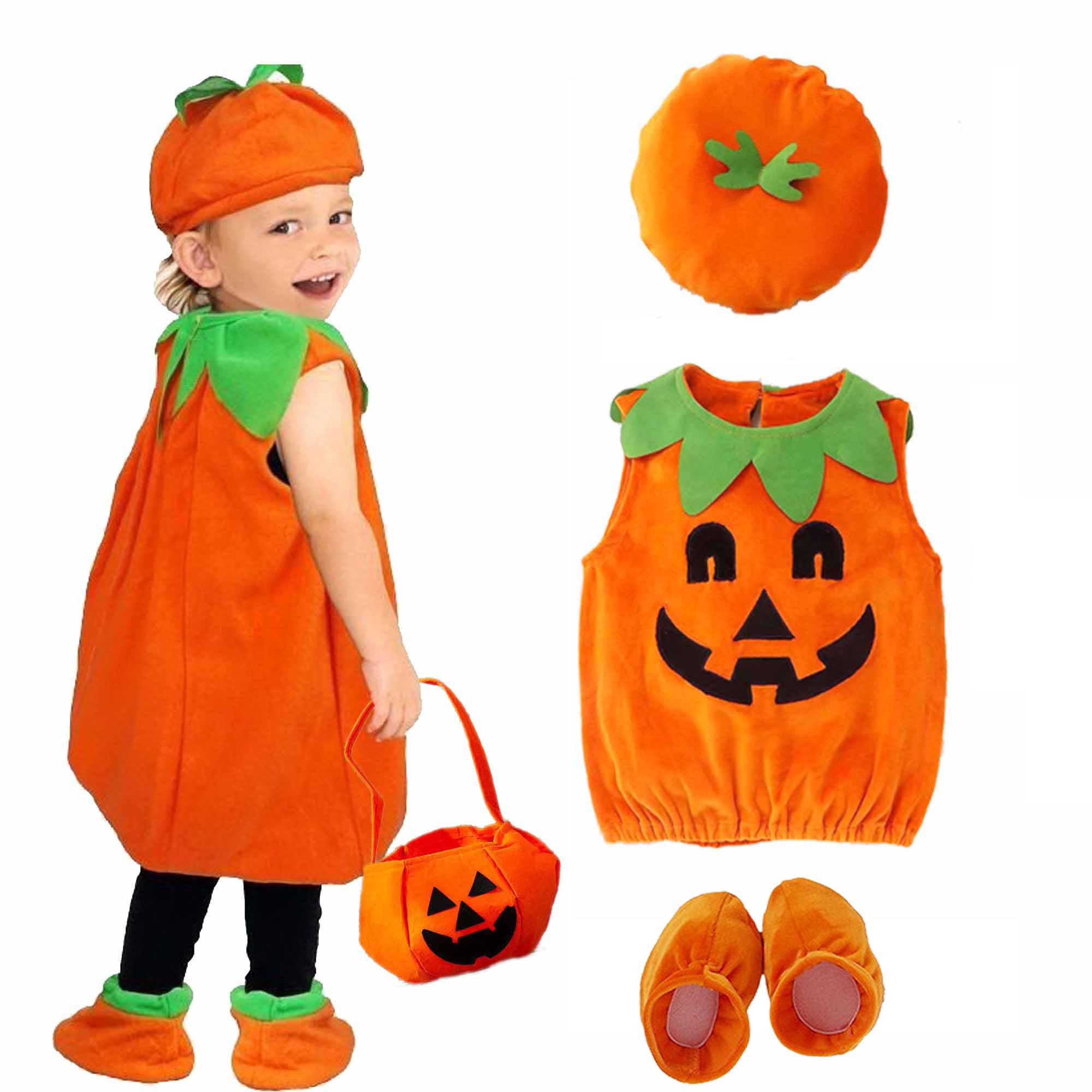 DXIA Halloween Pumpkin Baby Costume, Cute Toddler Pumpkin Costume, Pumpkin Costume Set with Hat, clothes, Shoes and Pumpkin Handbag, Orange Halloween Pumpkin Costume, Size L 50cm in Length
