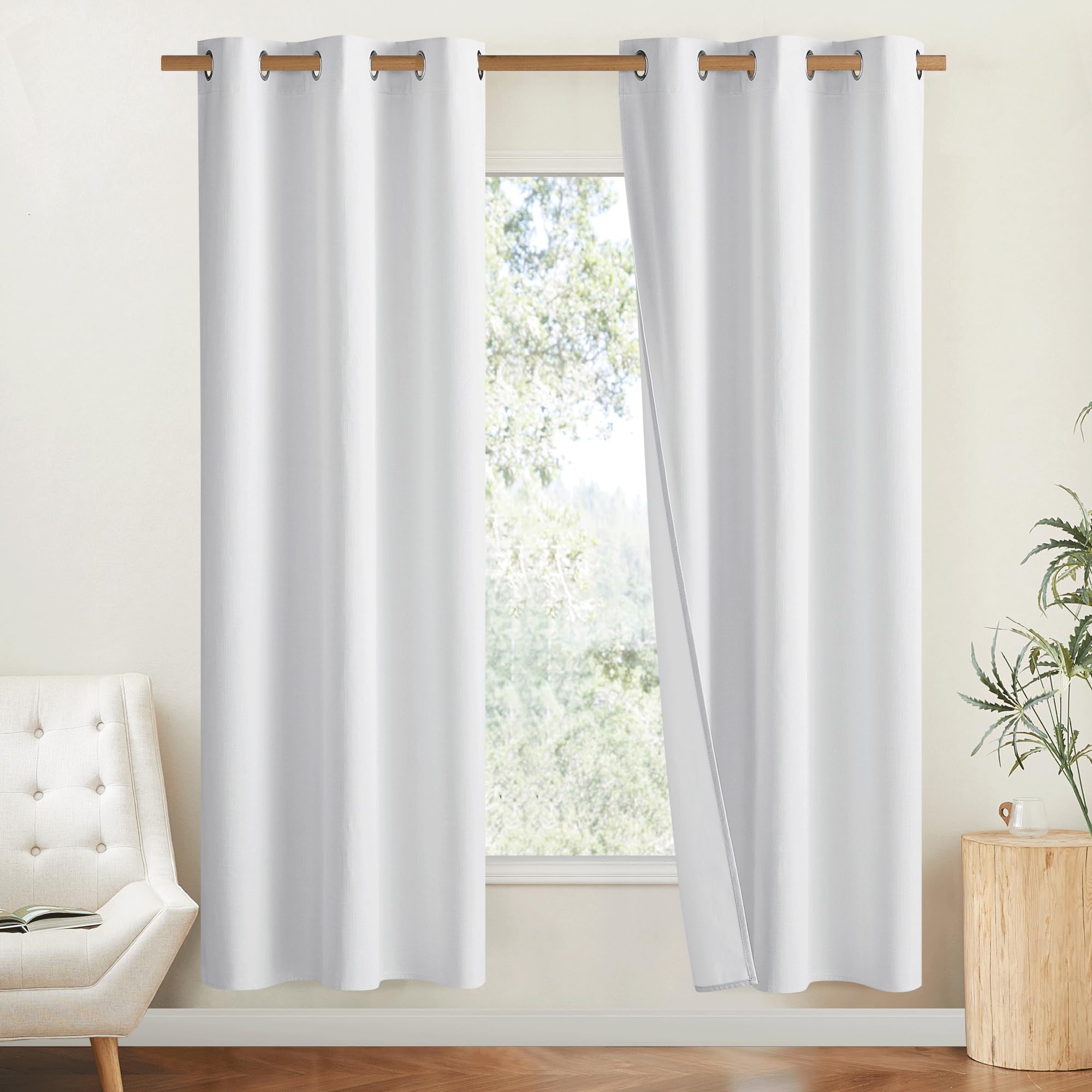 Photo 1 of NICETOWN 100% Absolutely Blackout Linen Curtains with Thermal Insulated White Liner, White, 42 inches Wide, 72 inches Length Energy Saving Curtains for Living Room 2 Panels Set, Vertical Blinds