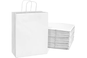 Prime Line Packaging 10x5x13 50 Pack Medium White Gift Bags with Handles, Shopping Totes for Small Business, Boutiques, Merchandise, Parties, Bulk